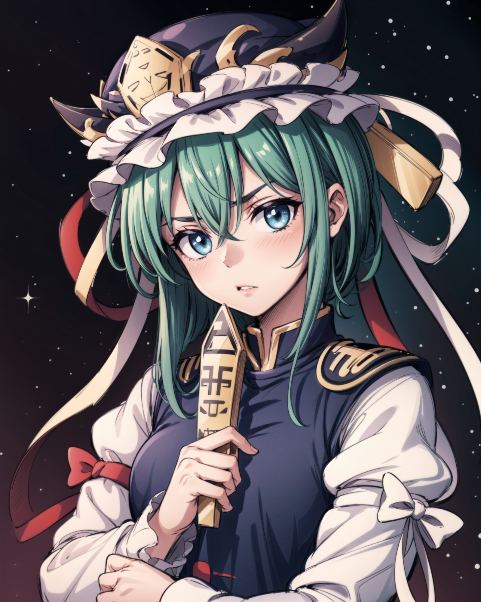 01639-1323506245-,1girl, arm_ribbon, asymmetrical_hair, bangs, black_skirt, blue_eyes, blue_headwear, blue_vest, dark_background, epaulettes, eye.png